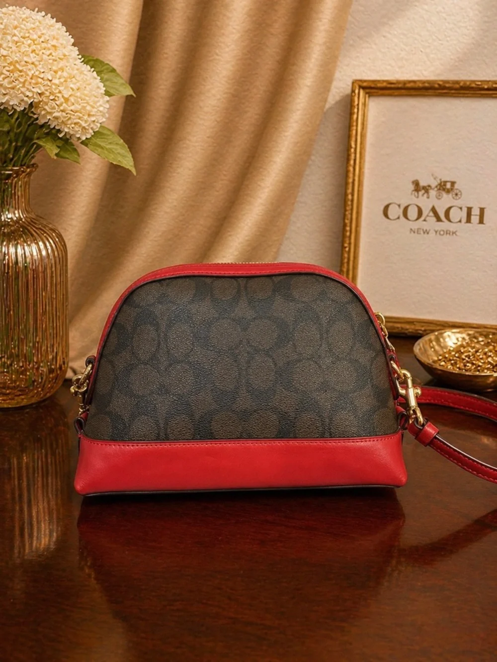 Coach Dome Crossbody in Signature Brown Coated Canvas & True Red Leather Trim - Picture 4 of 11